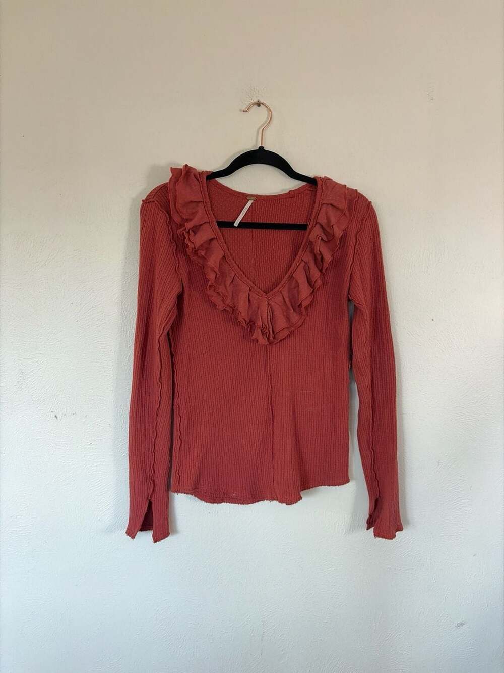 Free People Bennet Ruffle V-Neck Long Sleeve Thermal Top in Terracotta